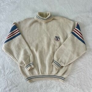 VTG Sisley Cream Turtleneck Sweater with Blue and Red Stripes